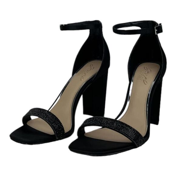 New Women Jewel Badgley Mischka Black Satin Block Heel Sandals US 8.5 - Picture 1 of 8